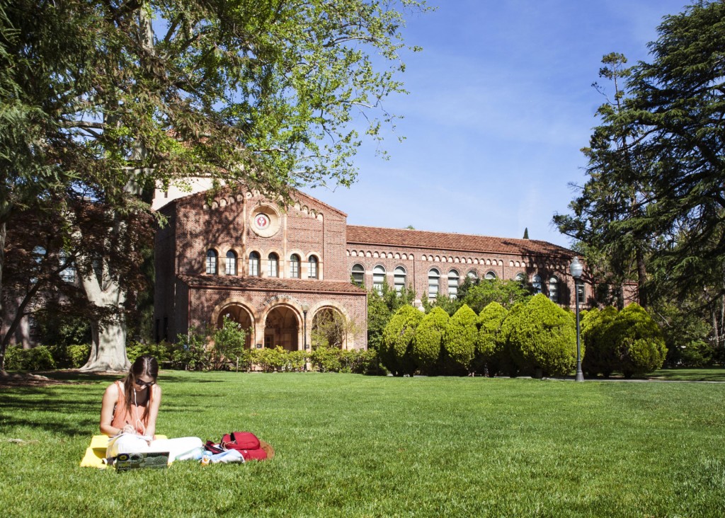 Meghan Harrigan, sophomore, studying on the lawn in front of Kendall Hall on March 25th, 2015 in Chico, Calif. (Cory Hackbarth/Student Photographer)