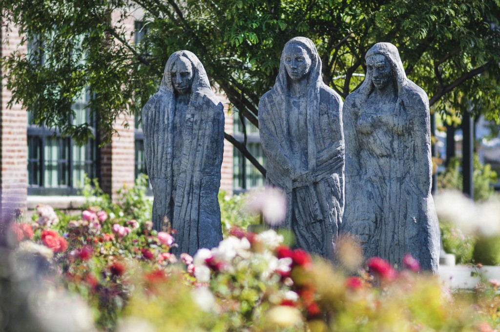 The Three Ladies statue sculpture overlooks the George Peterson Rose Garden at California State University Chico in Chico, Calif. (Sam Rivera/Student Photographer)