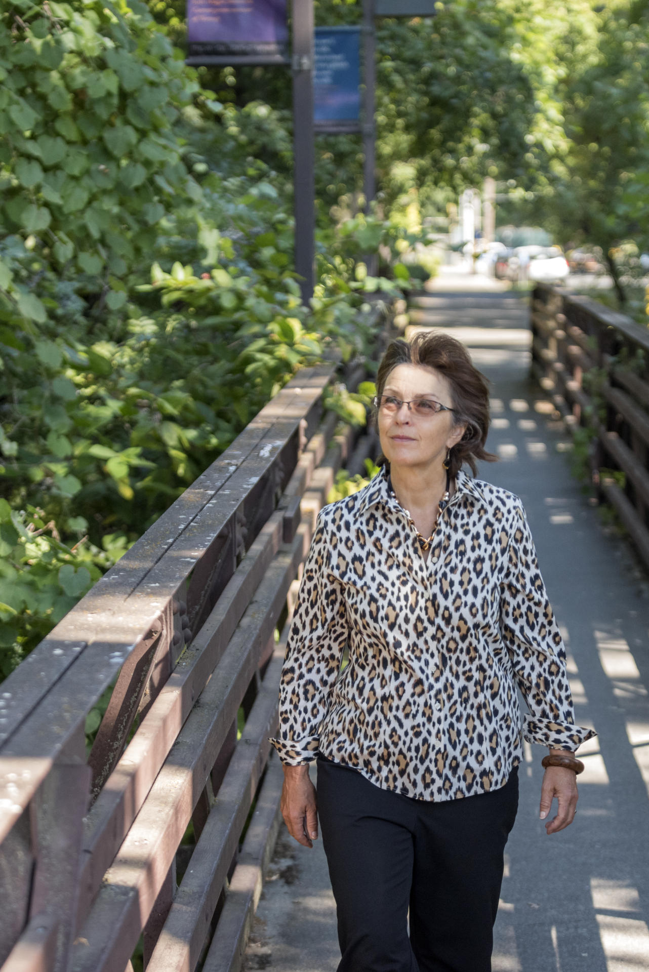 New President Gayle Hutchinson walks across a bridge around campus to greet staff on her official first day of work on Tuesday, July 5, 2016 in Chico, Calif. (Jason Halley/University Photographer)