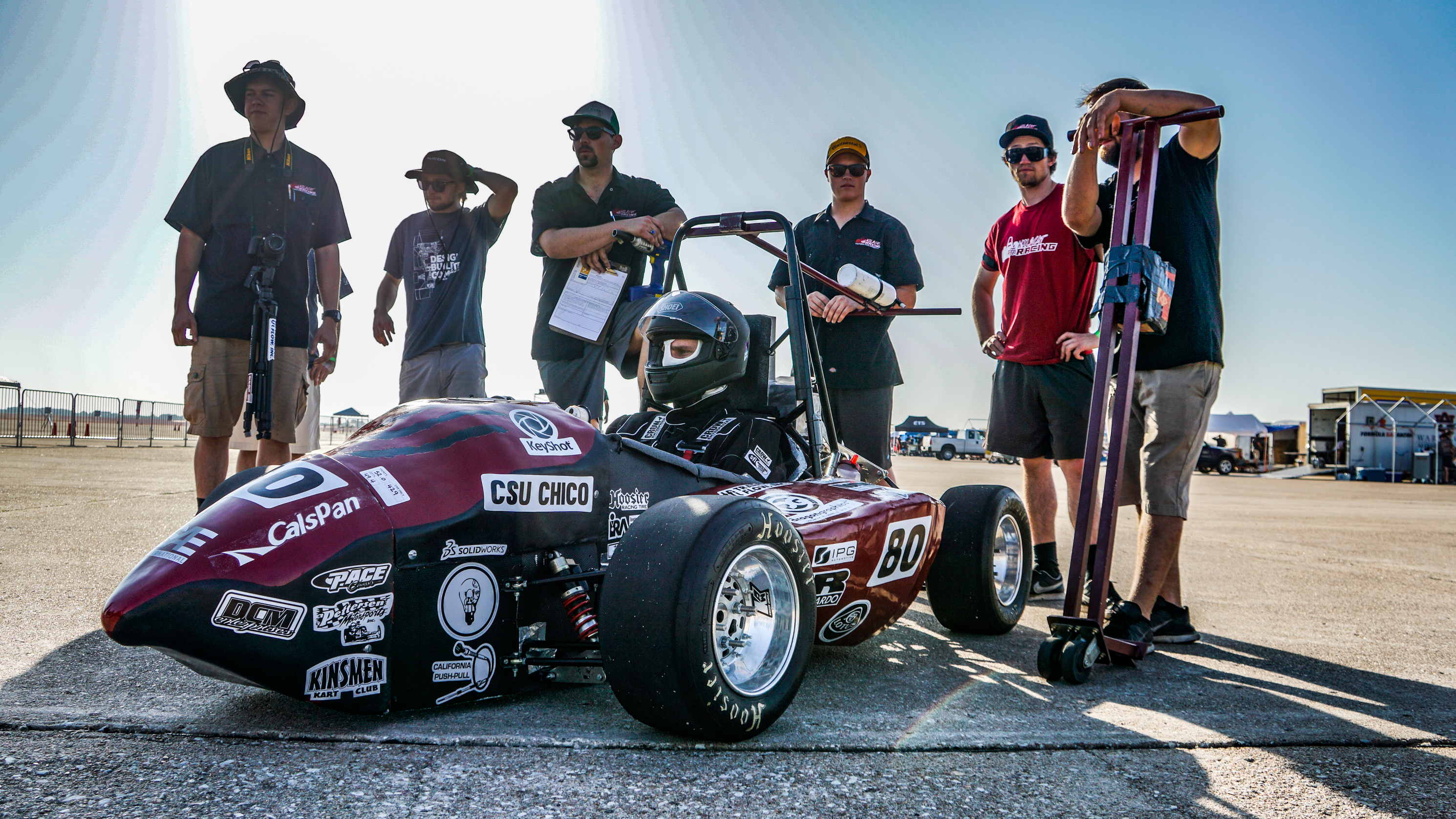 Chico State student Spencer Johnson sits in the car waiting to do the brake test component of the technical inspection. (Courtesy Luis Mora)
