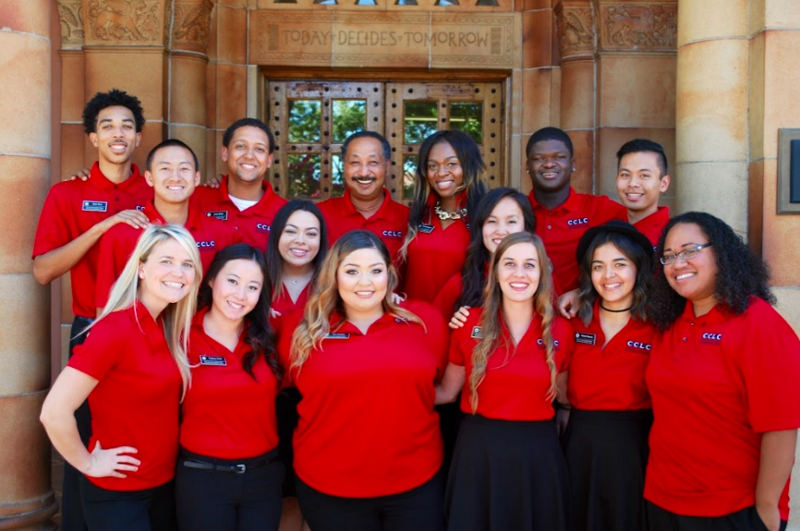 A group of Cross-Cultural Leadership Center students and staff in red shirts.
