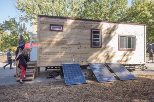 Solar panels provide power for the Chico State Tiny House Club that gave a tour of their 196 sq. ft tiny house to the campus on Wednesday, October 26, 2016 in Chico, Calif. (Jason Halley/University Photographer)