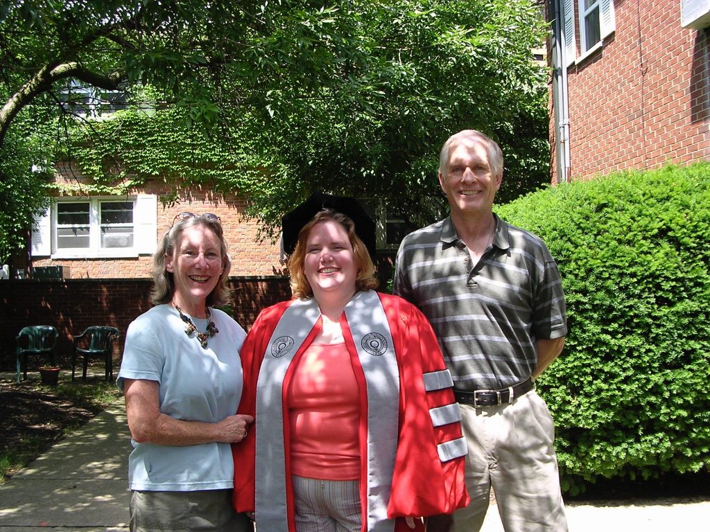 From left: Adele Bealer, Katie Whitlock, and Steven Bealer at The Ohio State University in 2004, on the day Whitlock received her PhD—the “proudest moment” of her mother's life. 