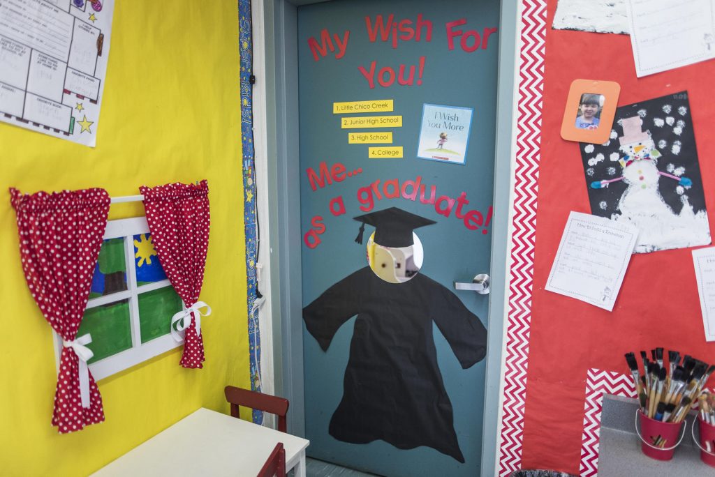 Corner of the classroom decorated with a graduation cap and gown with a sign that reads "Me as a graduate!"