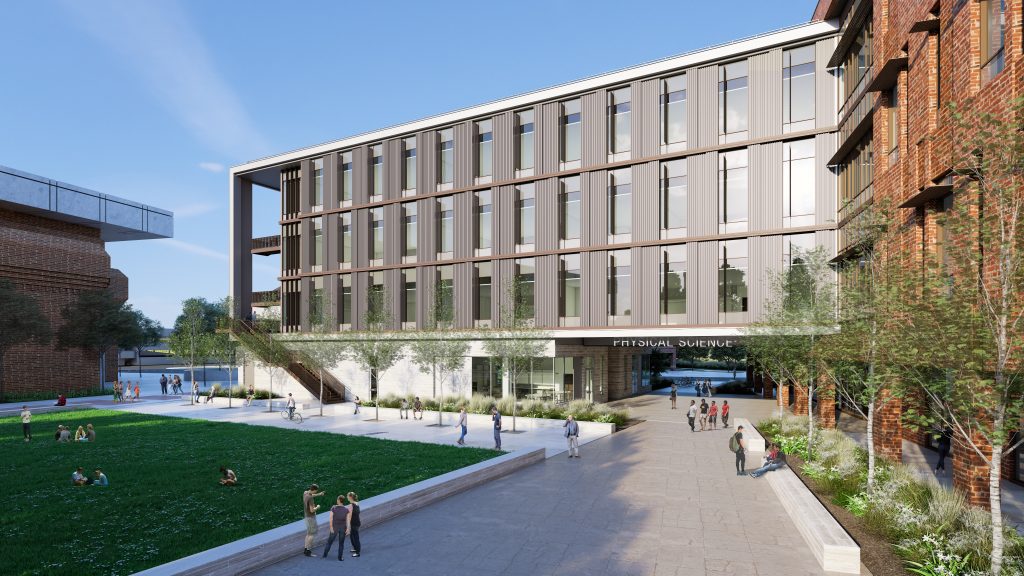 Rendering of the new physical science building showing how it opens to a grassy quad area.