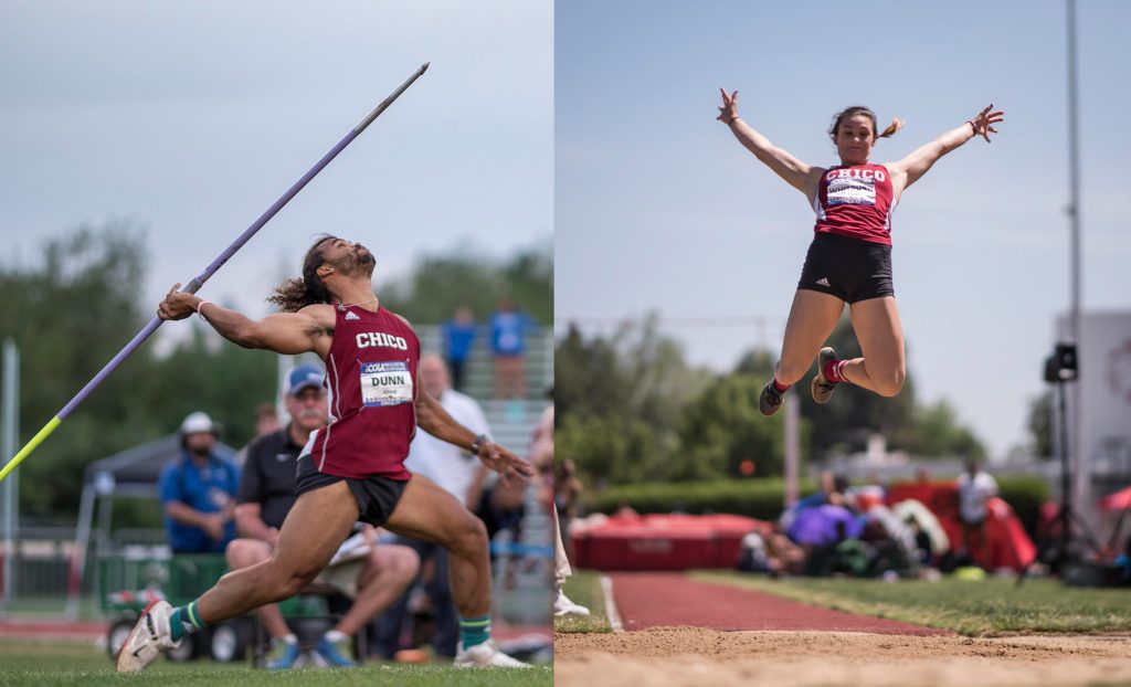 Photo collage of Jason throwing a javelin and Brooke in the air doing a long jump at a Chico State track meet.