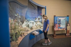 Leana Thompson (right) looks at a new exhibit, Climate Change Oceans: Acid vs. Life that will be on display in the North Gallery of the Gateway Science Museum through September.