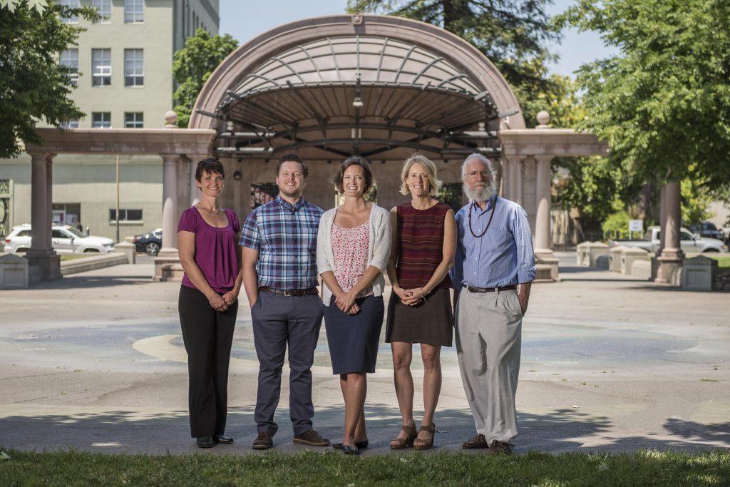 Holly Nevarez, Peter Hansen, Jennifer Wilking, Susan Roll, and David Philhour pose for a photo in Chico City Plaza.