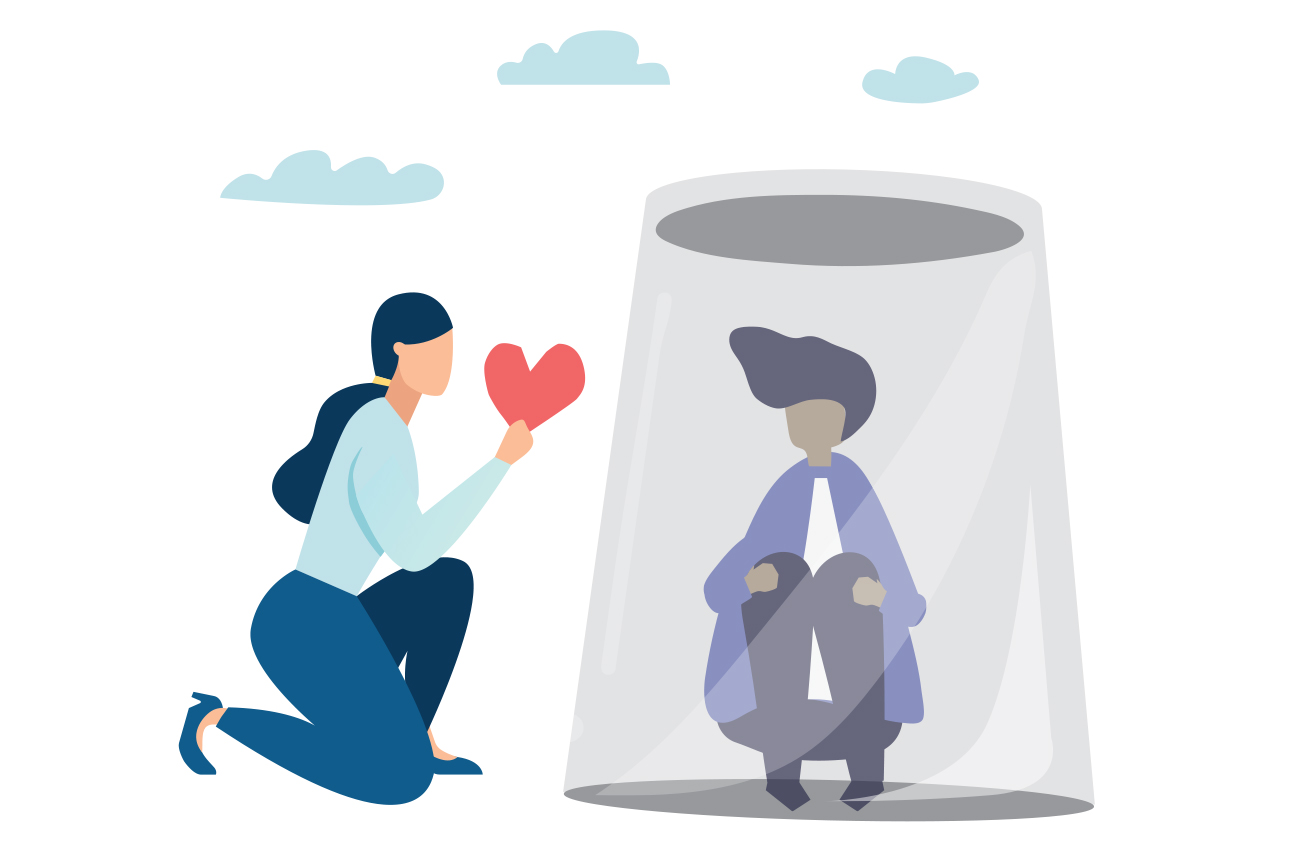 Illustration of a person kneeling and holding out a heart to a person who is huddled up and appears to be under a dark cloud