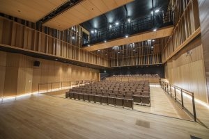 The 196-seat Zingg Recital Hall features variable acoustics thanks to its wood paneling, and connects to a state-of-the-art recording studio.