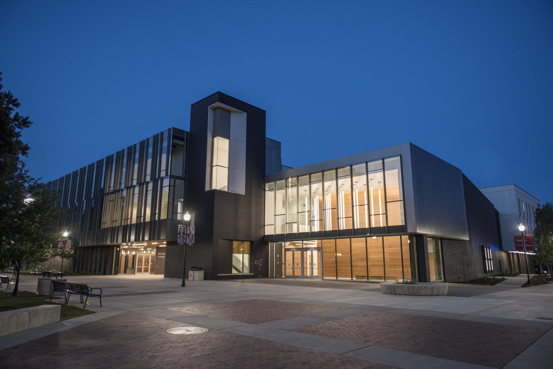 Night falls on the Arts & Humanities Building, opening for the fall 2016 semester.