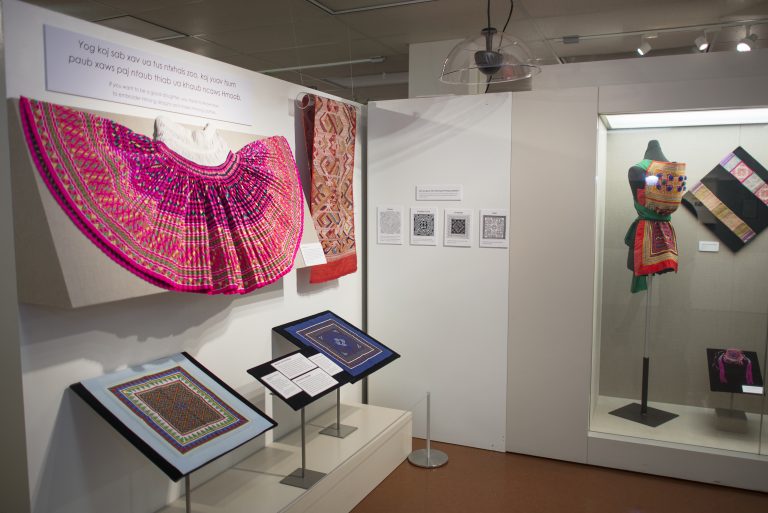 Traditional garments worn by Hmong women on display at the Valene L. Smith Anthropology Museum at CSU, Chico.