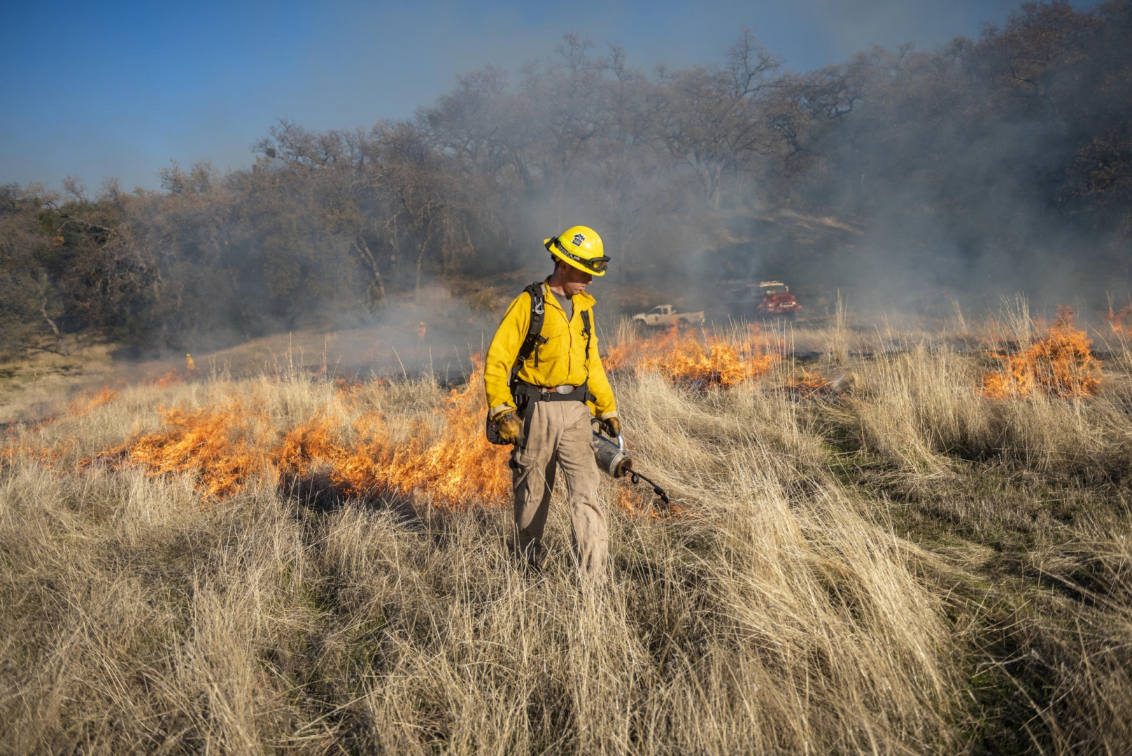 Mitch Bramford walks through knee-high grass with a drip torch in hand, igniting the vegetation as flames burn behind him.