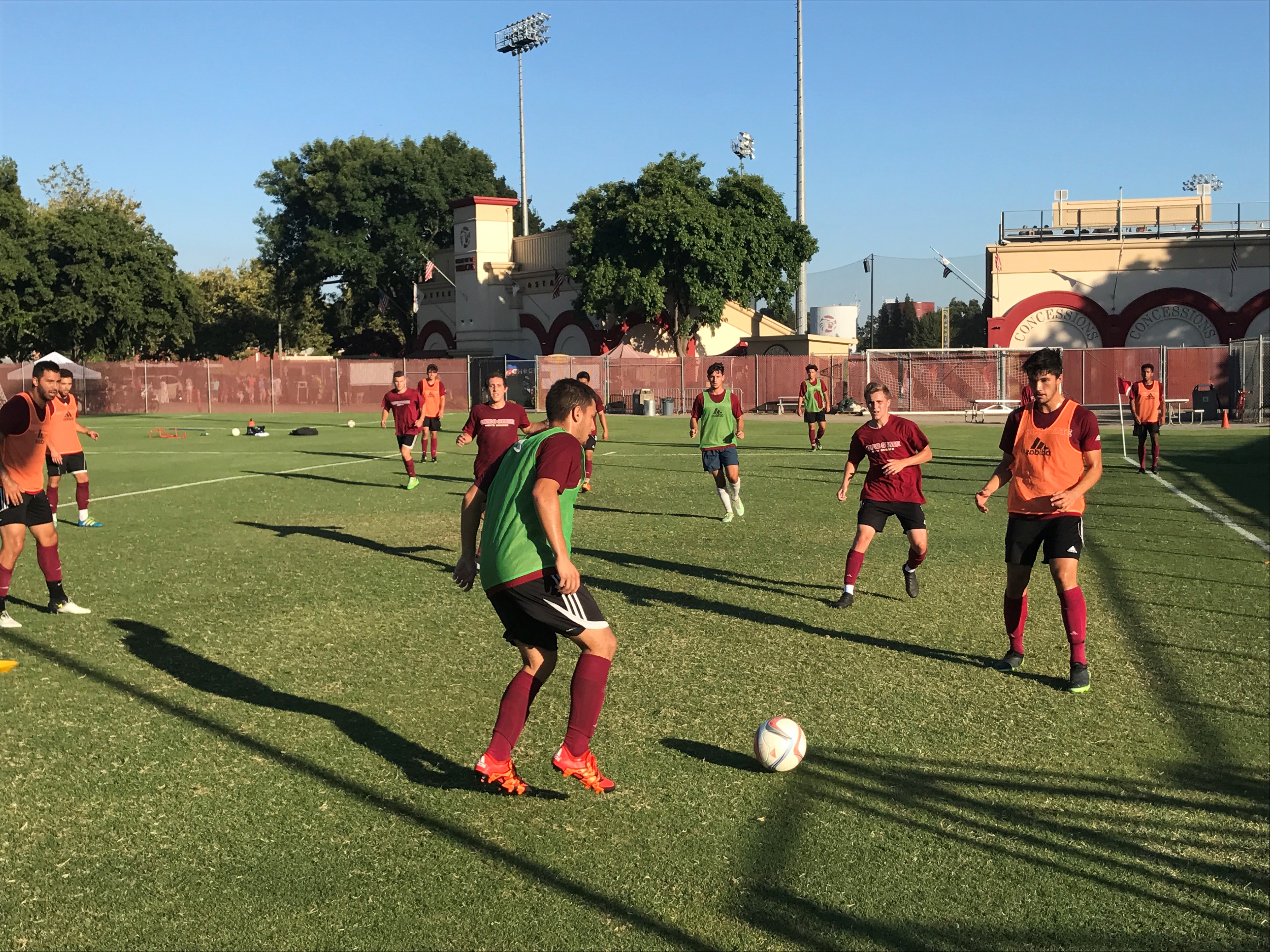 The Chico State men's soccer team trains last week at University Soccer Stadium. The entire team, as well as coaches, men's soccer alumni, and a few parents are traveling to Spain for an 11-day training and cultural immersion trip.