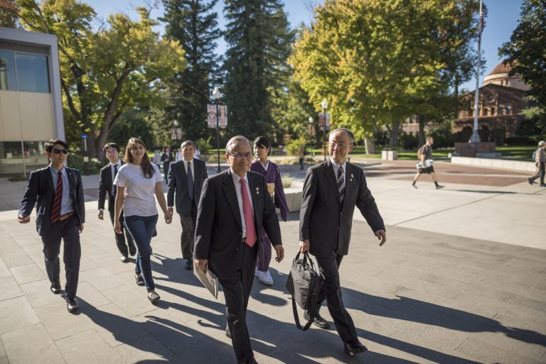 Ambassador Shotaro Oshima, and Akio Ogasawara (left to right) walk through the Chico State campus prior to their presentation, Walk in U.S., Talk on Japan. A delegation from the Prime Minister’s Office of Japan provided a unique opportunity to meet Ambassador Oshima and his team of panelists in a stimulating dialogue on the relationship between the U.S and Japan on Friday, October 27, 2017.