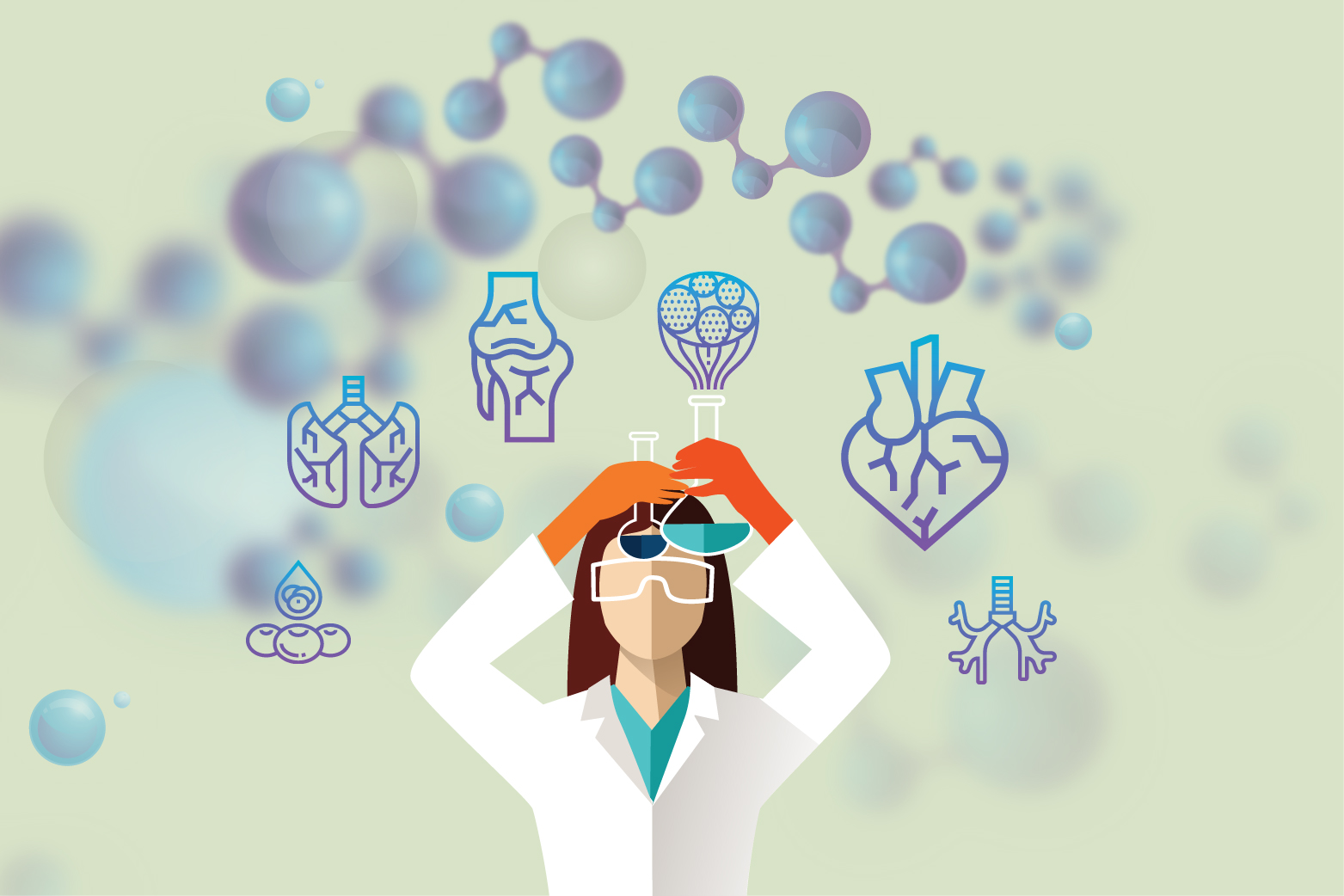 A digital illustration of a woman holding two beakers and conducting an experiment.