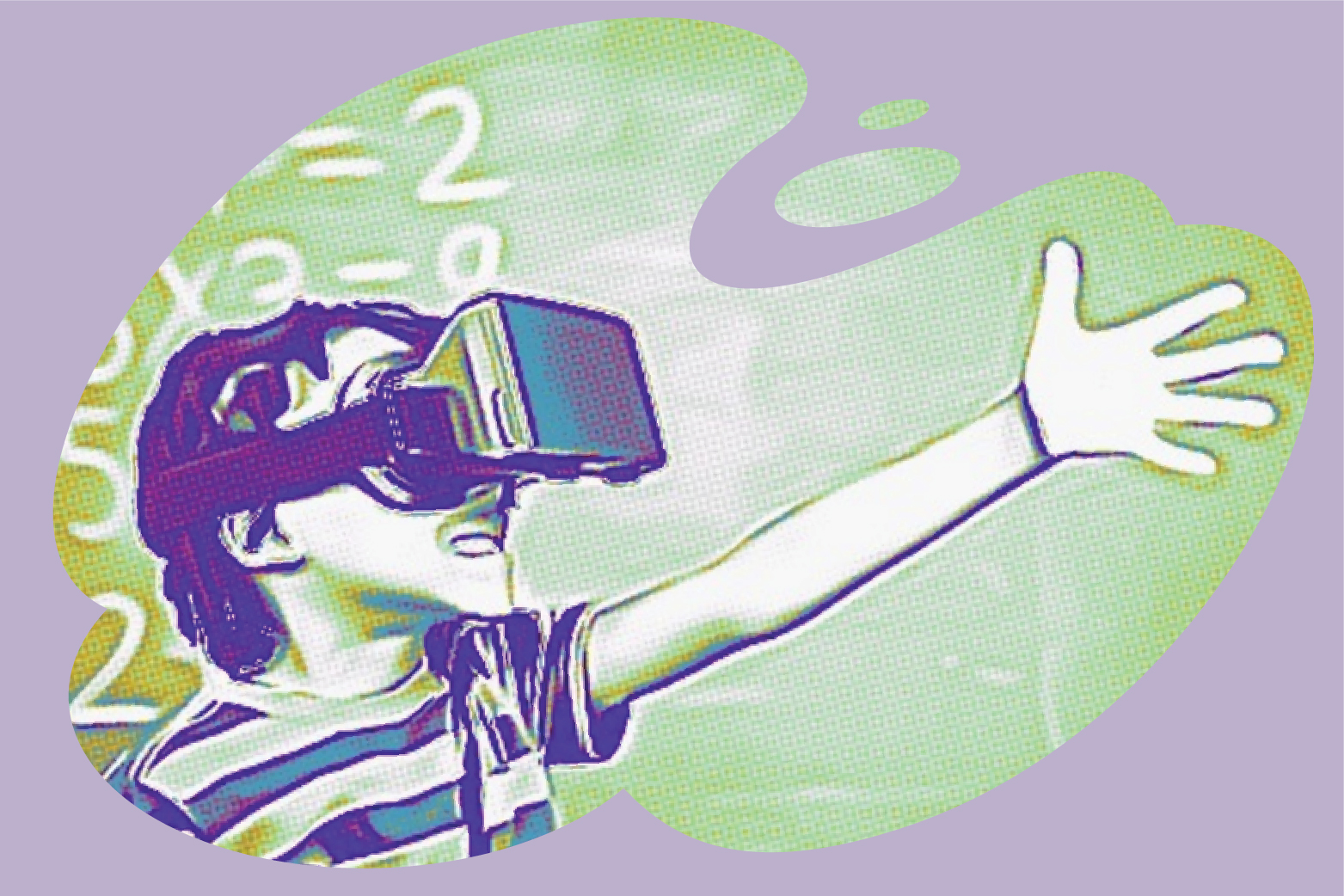 A digital illustration of a young boy wearing a pair of virtual reality goggles and reaching his hand straight out in front of him.