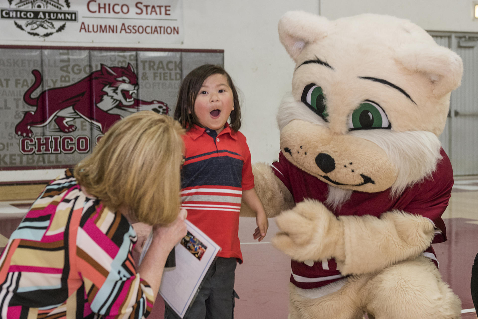 Willie the Wildcat mascot and a Make a Wish representative crouch next to a surprised child