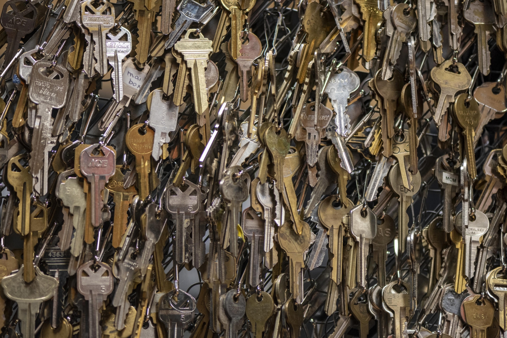 Hundreds of keys hang with clips.