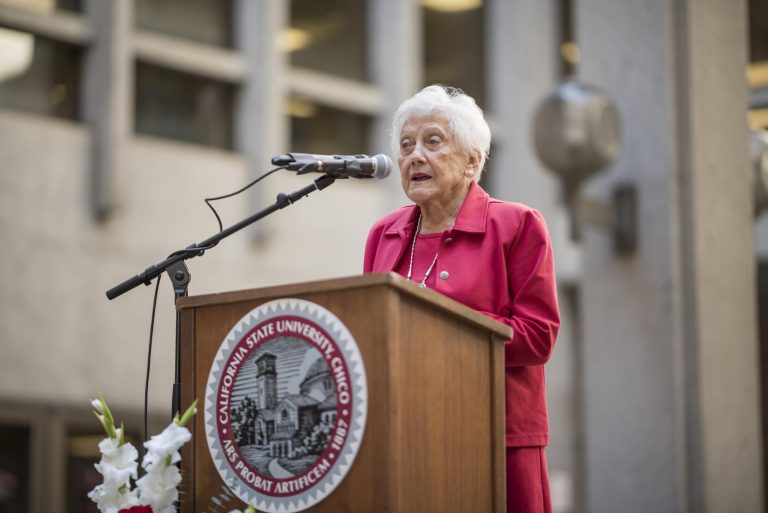 Dr. Valene L. Smith speaks to the campus community that came out to celebrate the expansion of the Valene L. Smith Museum of Anthropology in February 2017. Smith was recently awarded the 14th United Nations World Tourism Organization’s (UNWTO) Ulysses Prize Laureate for Excellence in the Creation and Dissemination of Knowledge in Tourism at the International Tourism Trade Fair in Madrid.