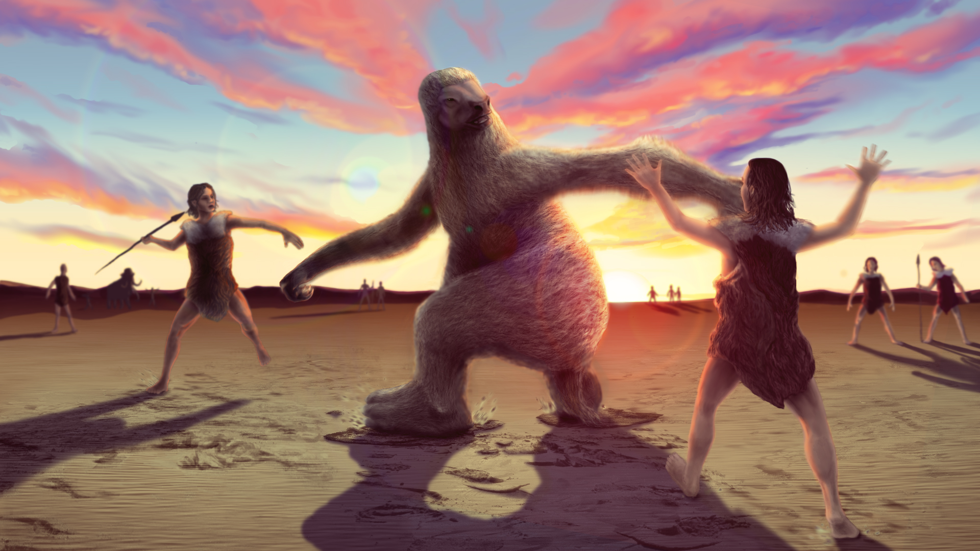 An artist's rendering represents a possible interaction between humans and a giant ground sloth. Professor emeritus P. Willey was provided expertise into findings of prehistoric footprints in White Sands National Monument. in New Mexico.