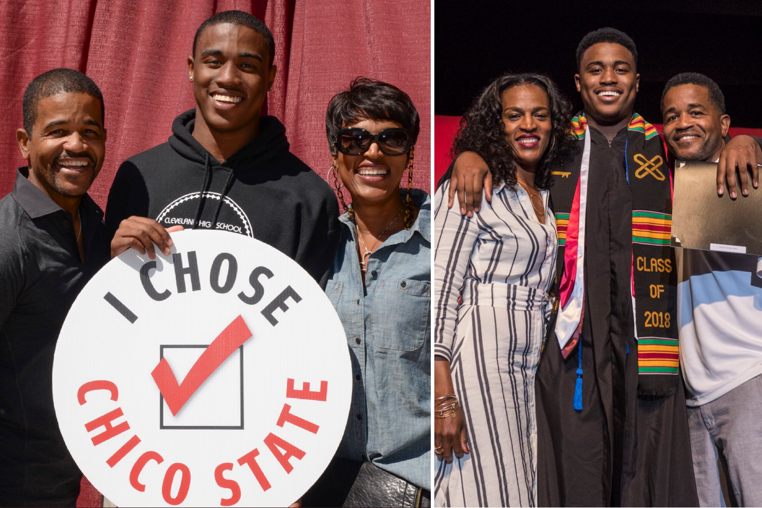 Patrick Pace is seen with his parents in 2014, as a prospective student deciding to "Choose Chico," and four years later as as a graduate.