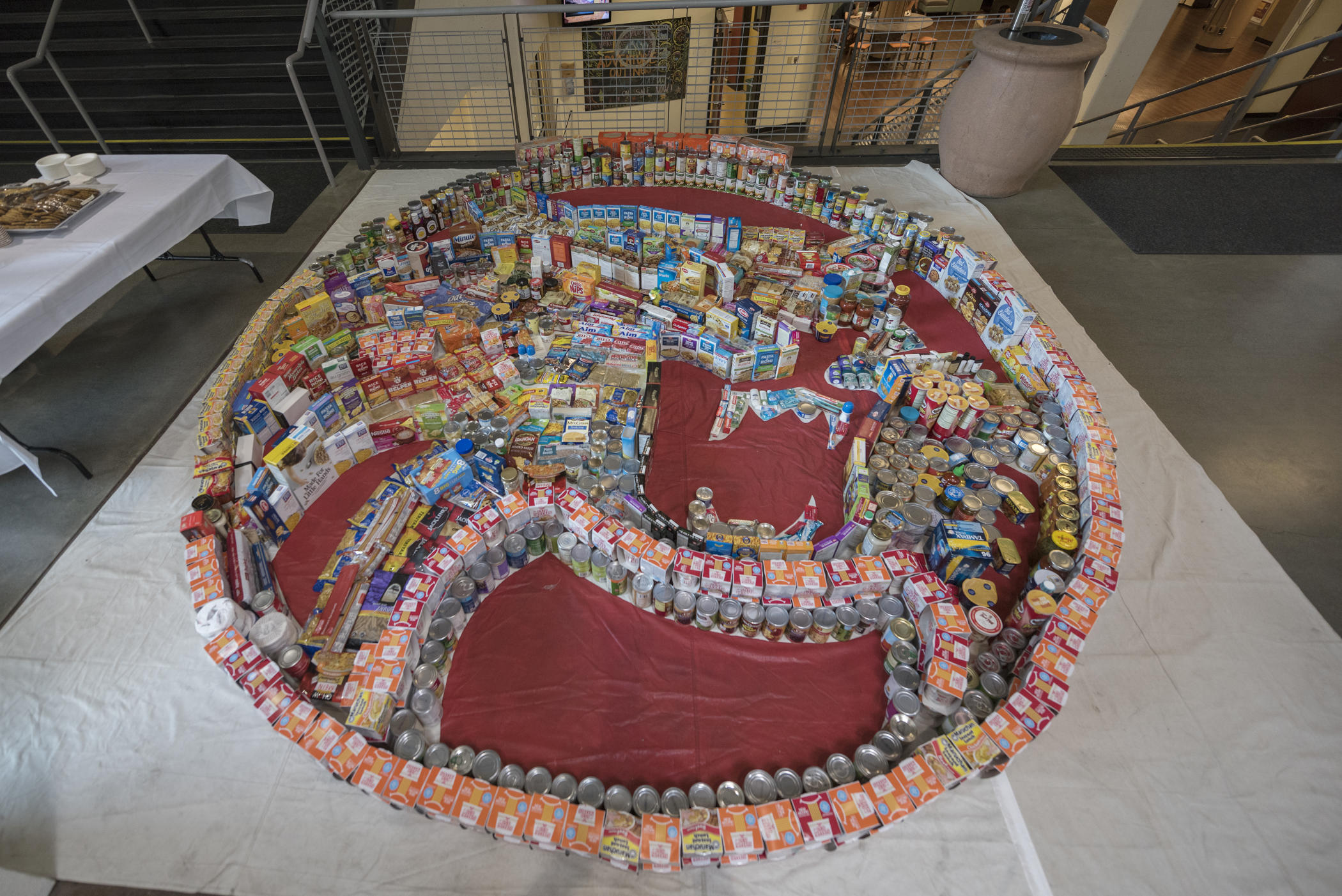 Wildcat logo shaped from donated cans