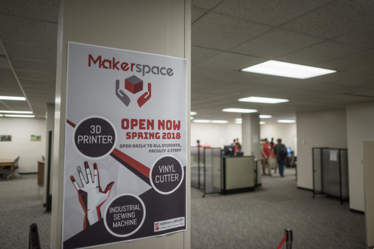 The Makerspace, located in the Meriam Library, features 3D printers, a vinyl cutter, and an industrial sewing machine and is a product of Chico State's Center for Entrepreneurship. Here, a sign for the grand opening for the Makerspace is shown.