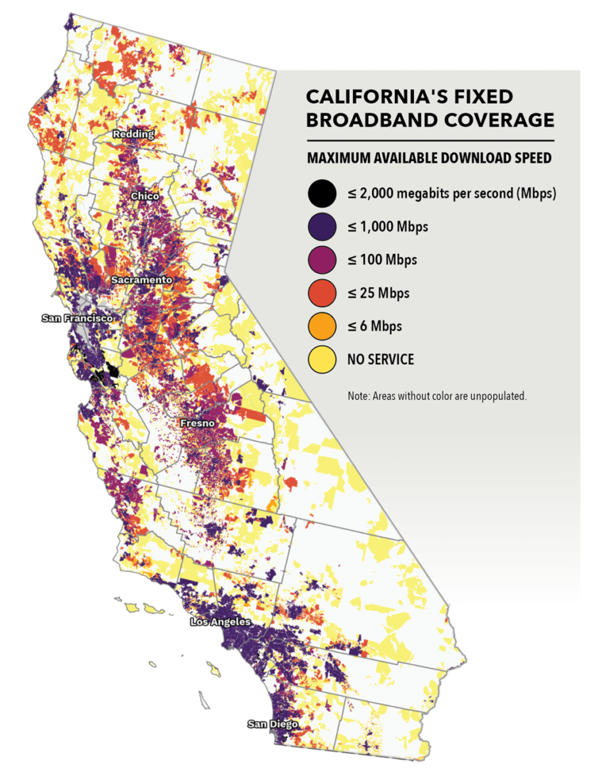 A map of California shows where the areas with the most broadband service exist, with concentrations in the Los Angeles, San Diego, and San Francisco areas. The Central Valley has moderate access, but parts of the Eastern Sierras and North State have low rates.