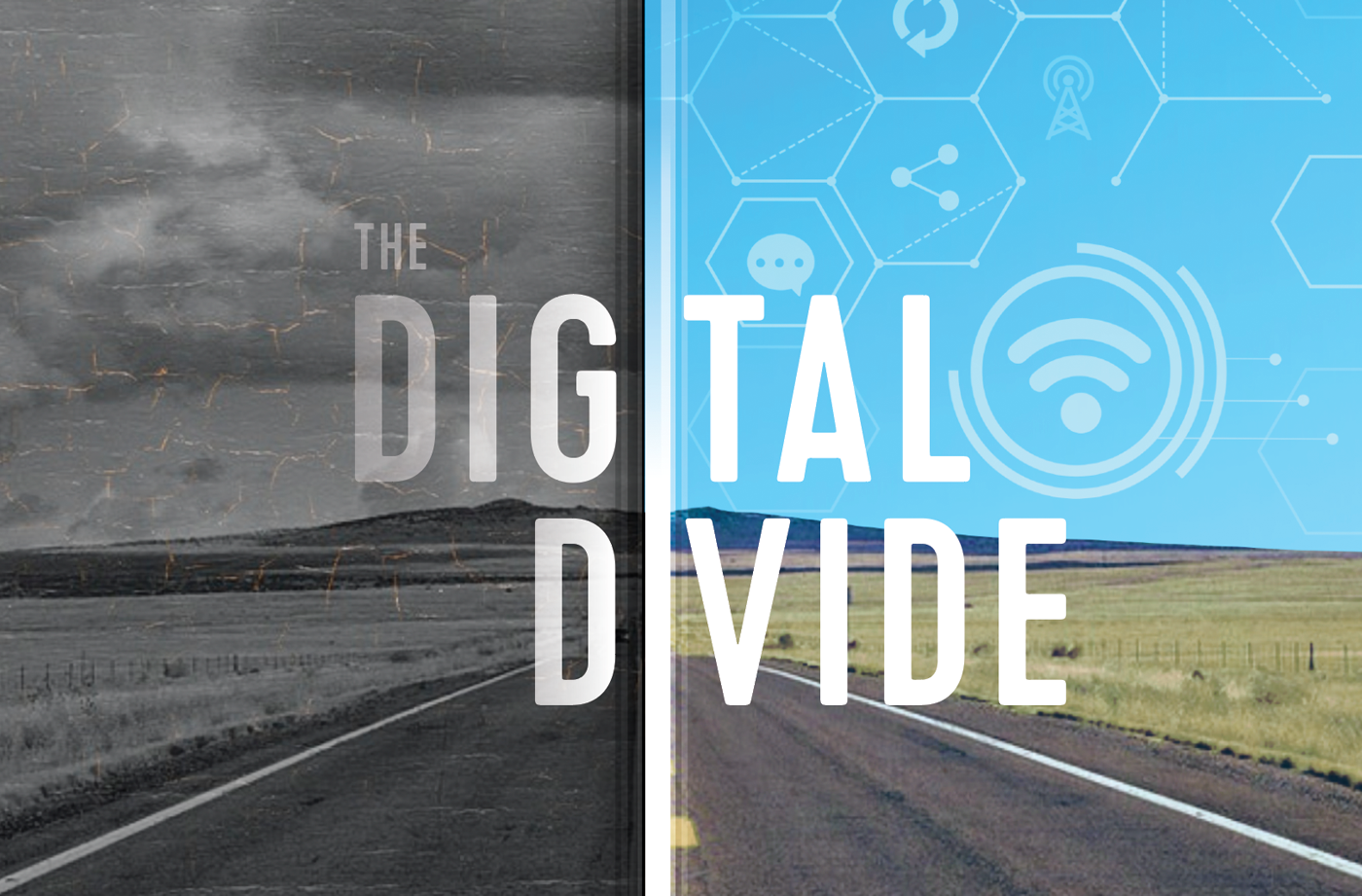The words "the digital divide" are overlaid over a rural road, split in half, with one side looking like a cracking old black and white photo and the other side in color with internet symbols.