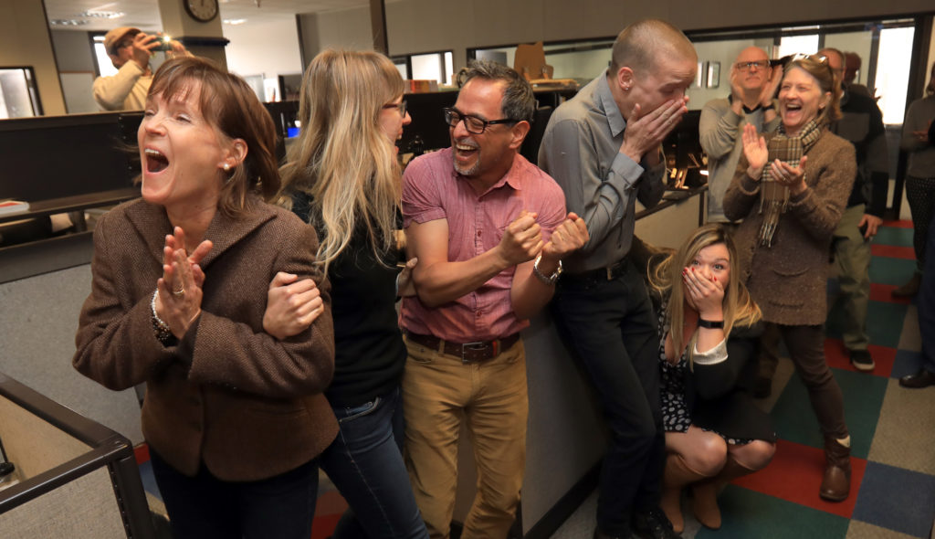 The reporting staff of the Santa Rosa Press Democrat erupts in celebration as they learn that the Santa Rosa Press Democrat captured the Pulitzer Prize for Breaking News Reporting in April 2018 for their coverage of the October 2017 fires in Sonoma County.