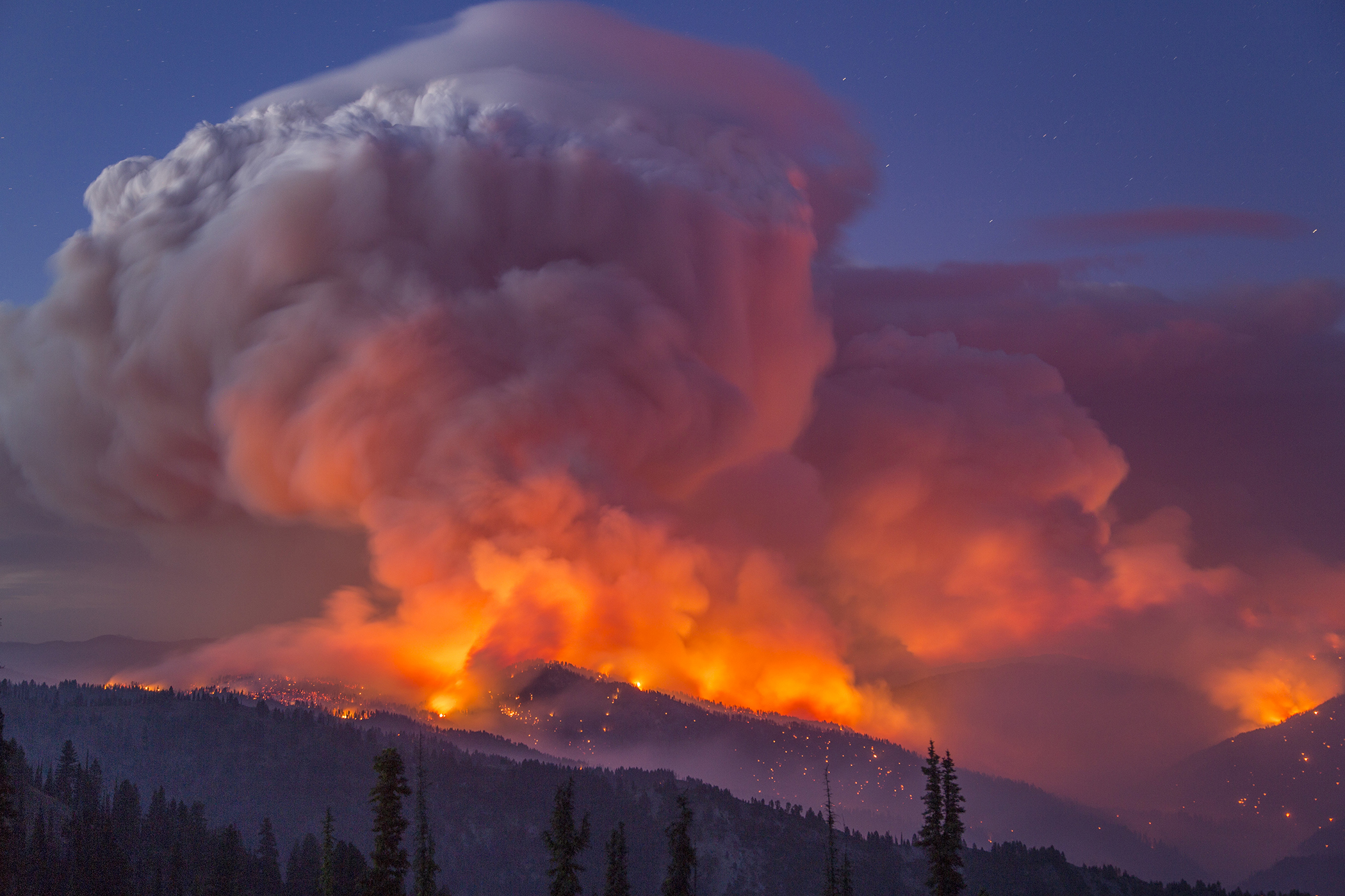 A giant smoke column is seen exploding from flames on a darkened hillside as a wildfire rages out of control.