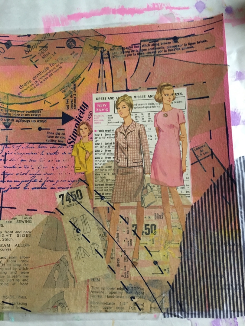 A collaged artwork is made up of former sewing patterns and templates.