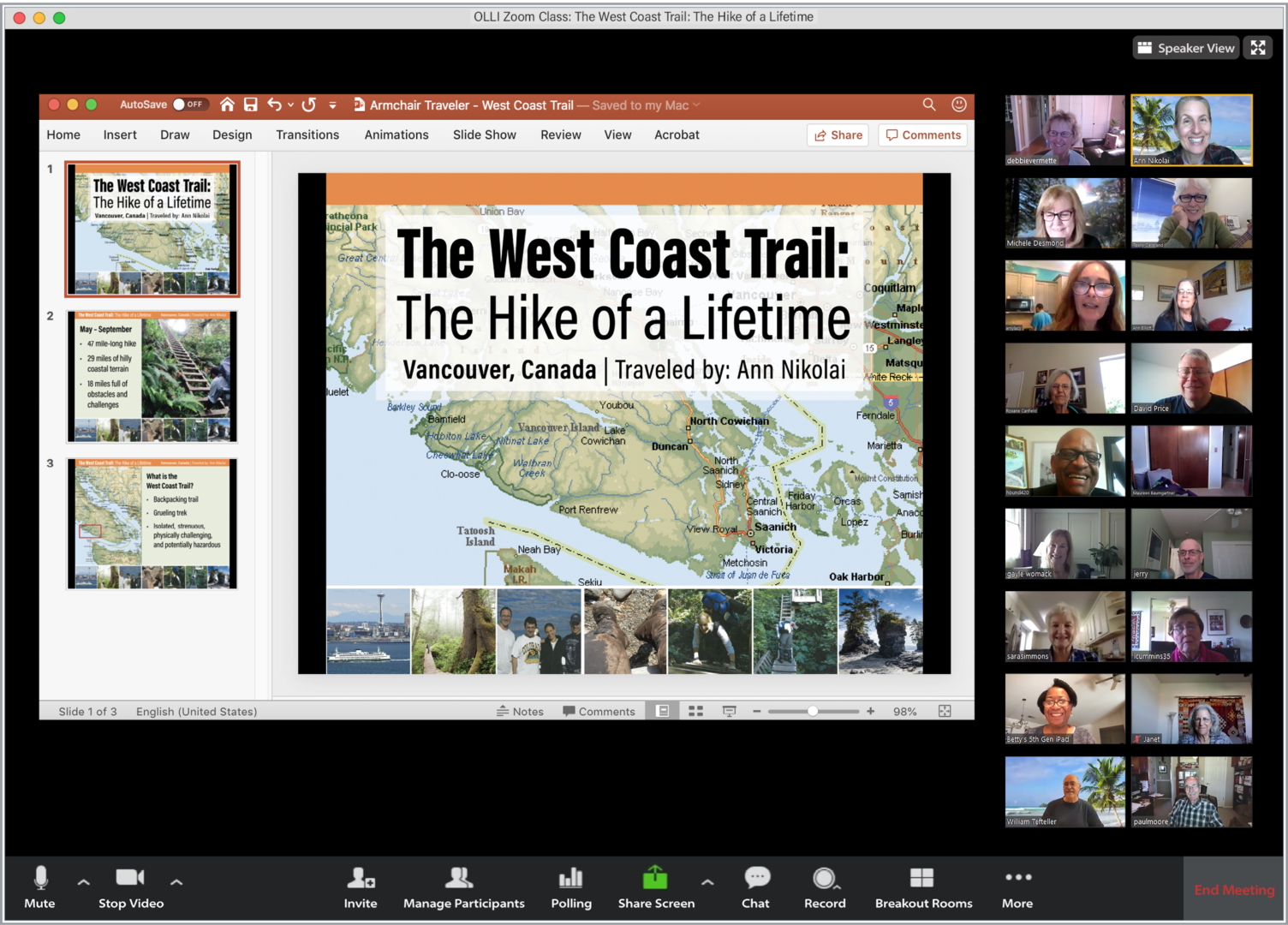A Zoom screen shows dozens of people participating in a presentation on "The West Coast Trail: The Hike of a Lifetime"
