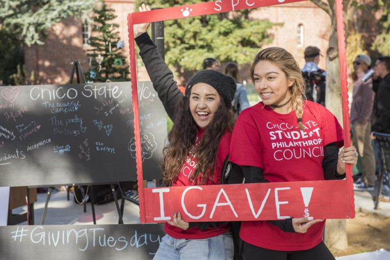 Students from the Chico State Student Philanthropy Council celebrate the University's first 24-hour day of philanthropy in November 2017.