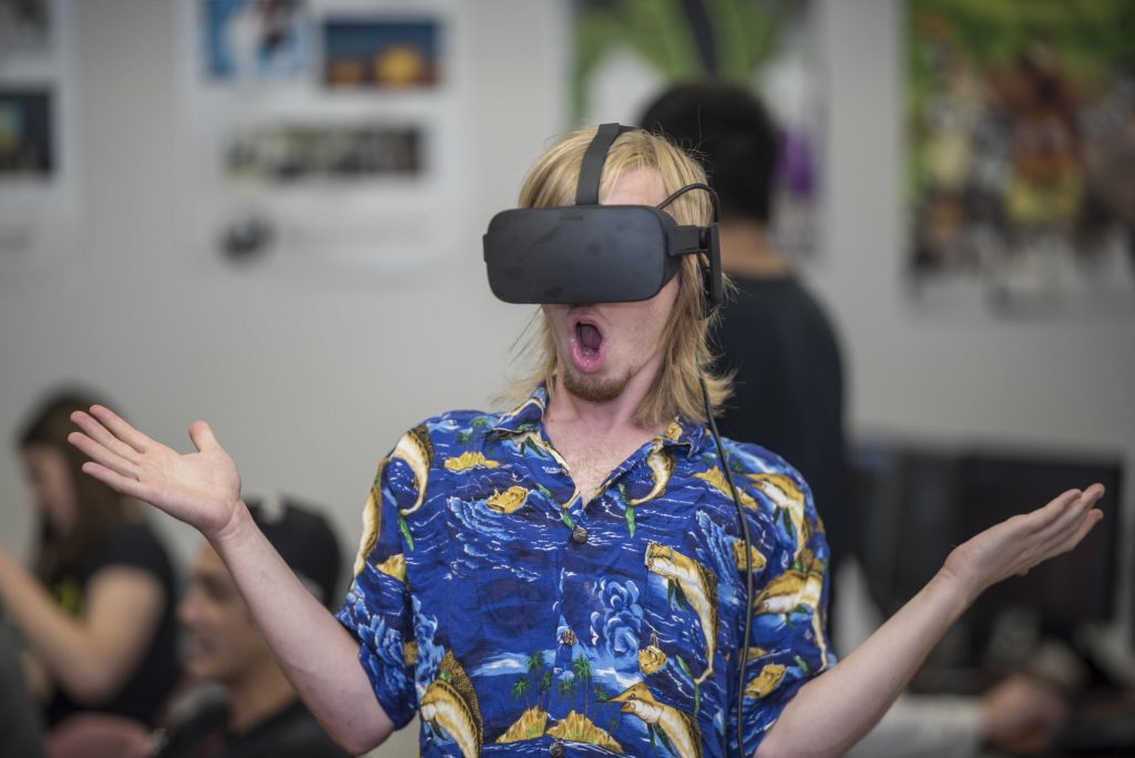 Student Truro Hawkins stands in awe while using the virtual reality technology.