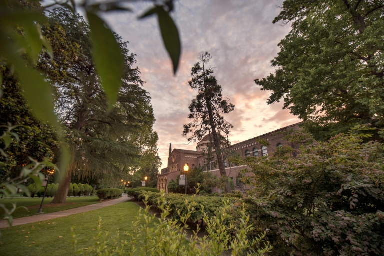 Photo of Kendall Hall at sunset.