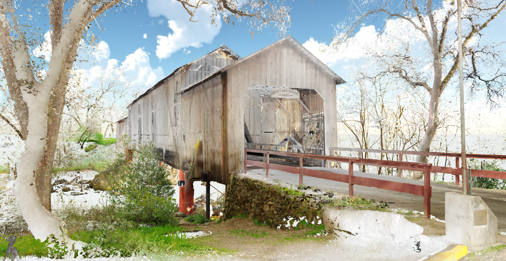 A screenshot of video showing virtual reality rendering of the Honey Run Covered Bridge.