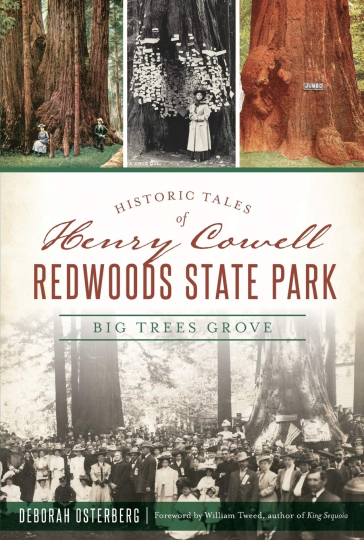 the cover of Deborah Osterberg's Book shows people decades ago standing at the base of giant redwoods.