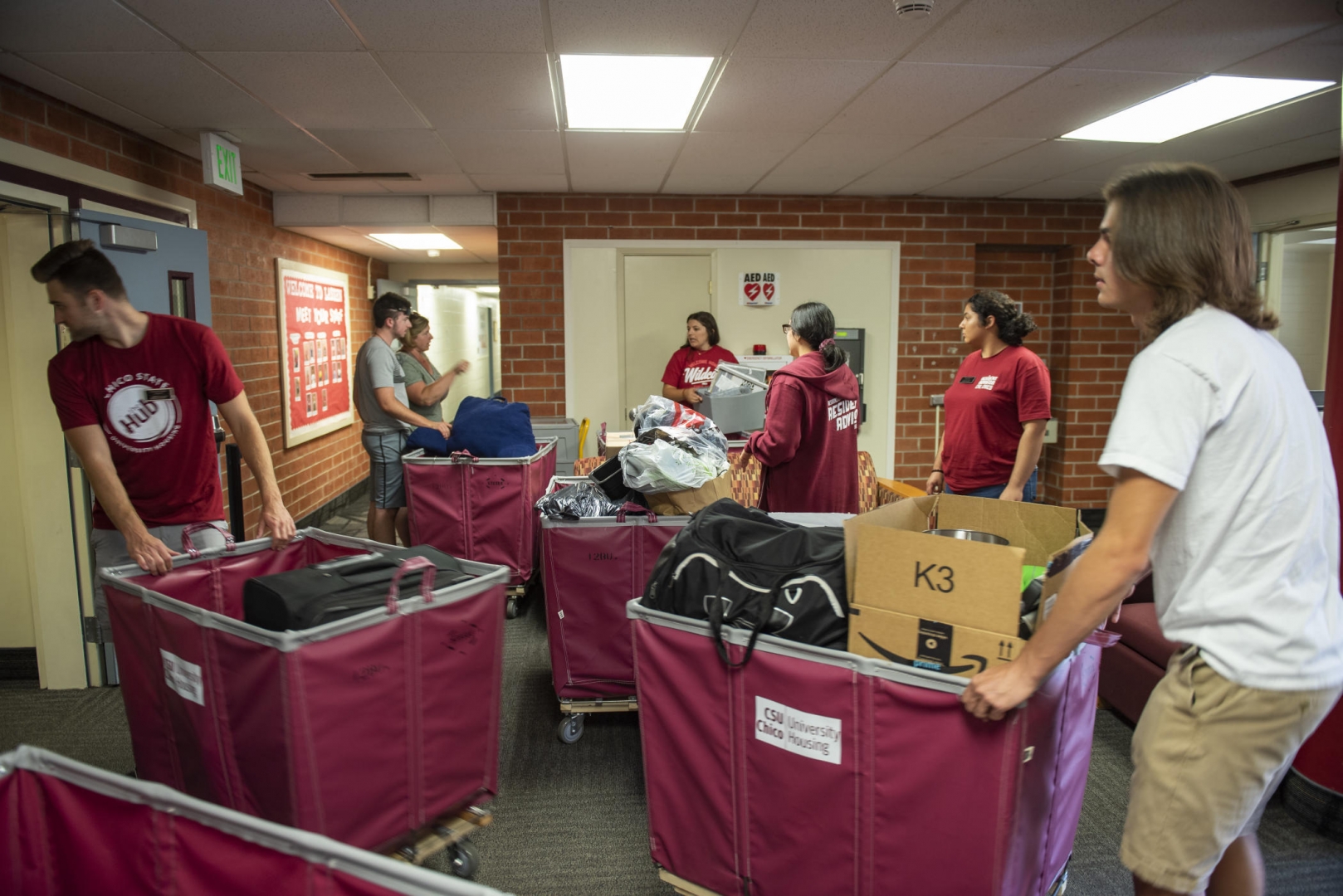 Students and volunteers push carts full of student belongings through the lobby of a residence hall