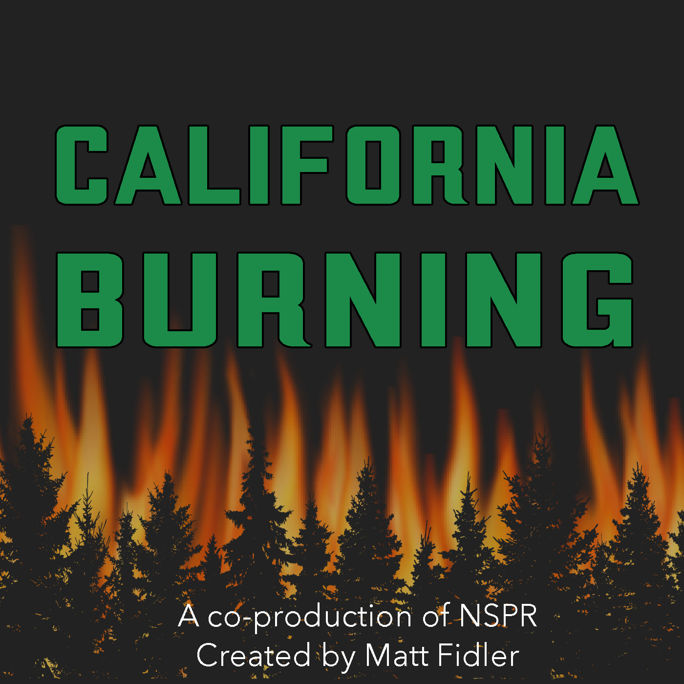 Logo of California Burning with digital illustrations of pine trees and fire in the background.