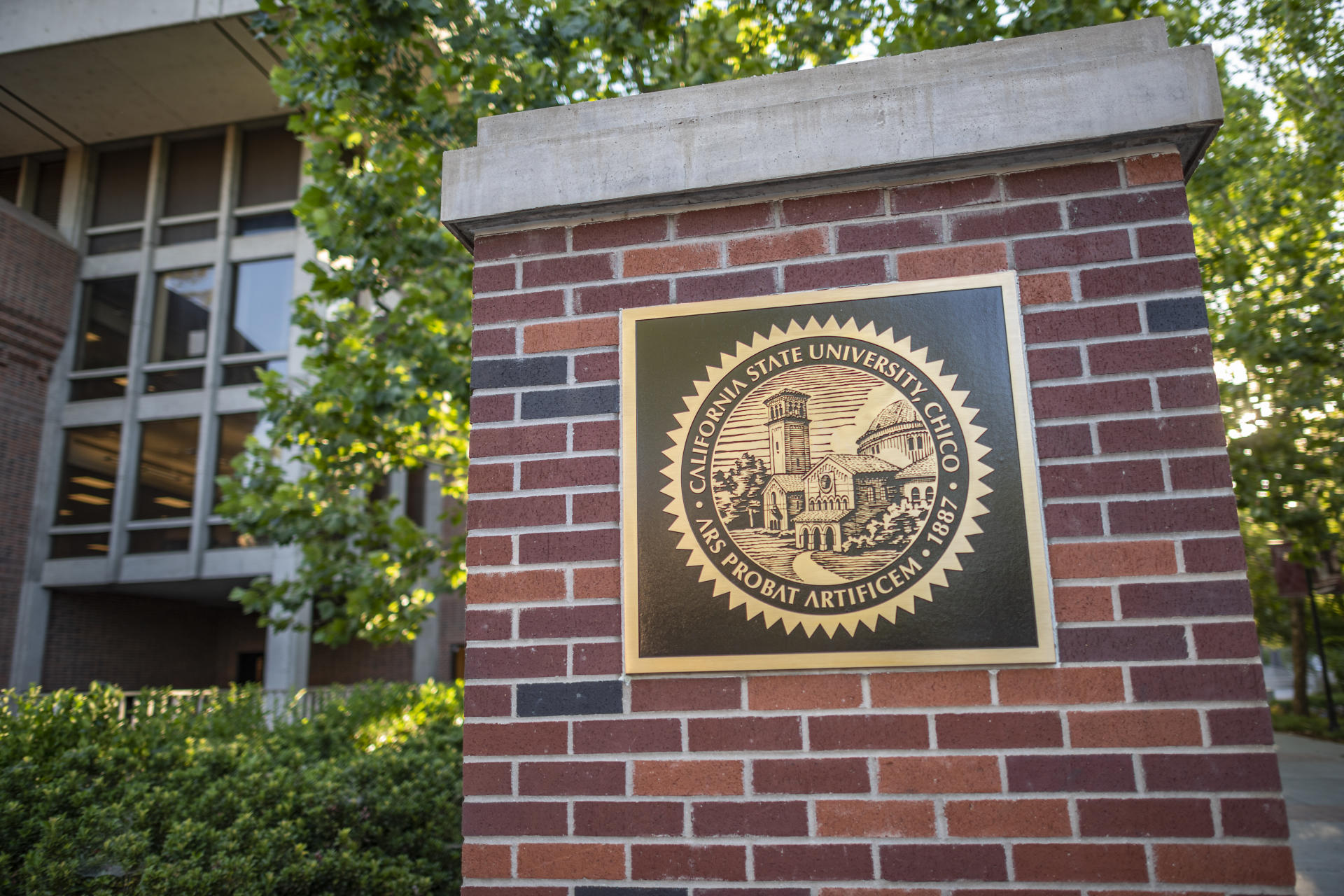 The University seal is seen on a brick pillar with trees and the library in the background.