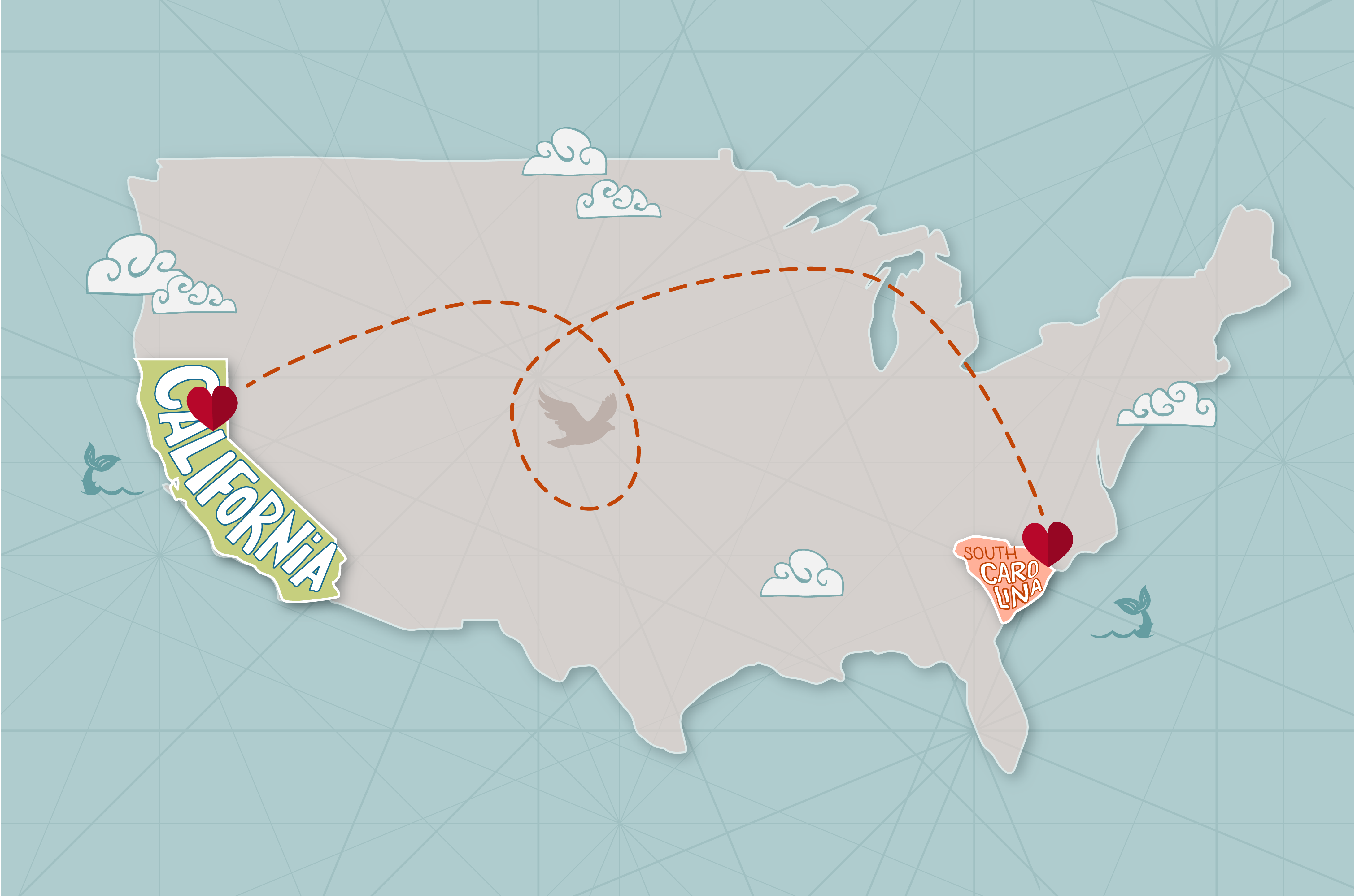 A map of the United States shows South Carolina and Chico connected by a heart in each state and a swirling dotted line between the two.