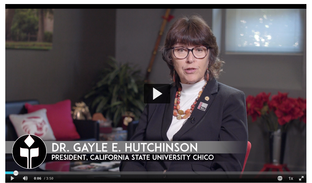 President Hutchinson sits in her office and speaks on video about the Camp Fire anniversary