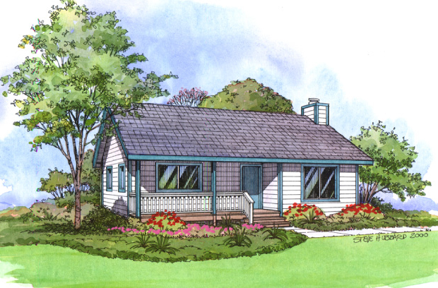 A rendering of a small cottage.