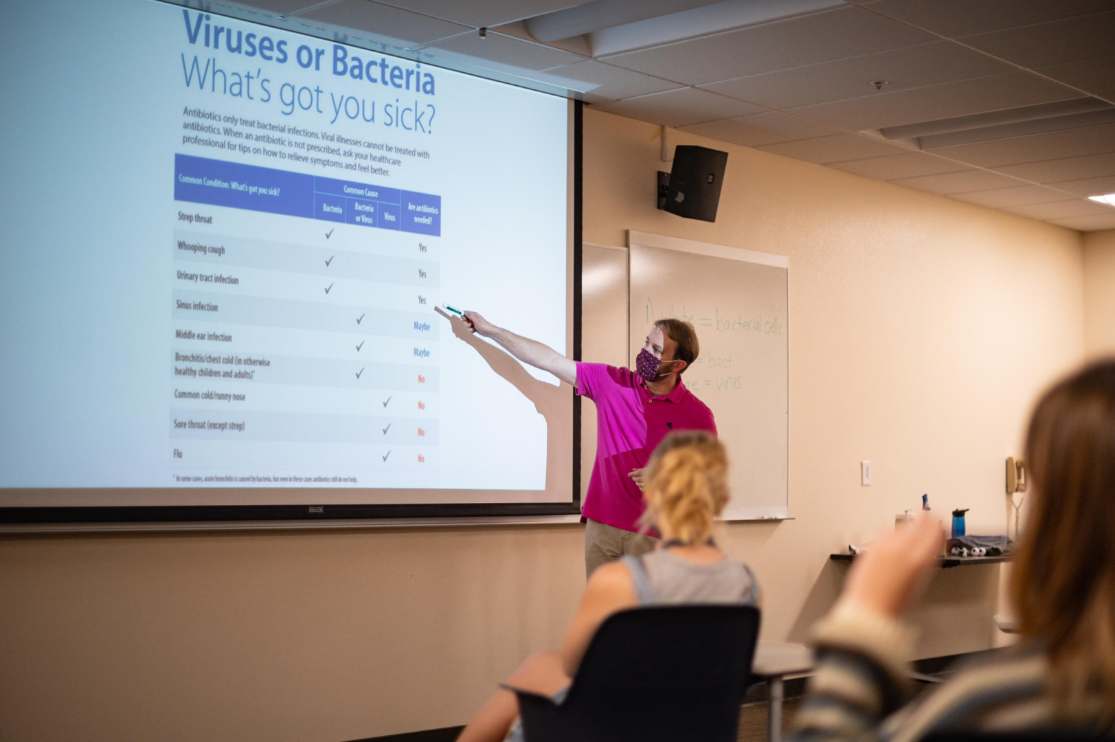 Troy Cline stands in front of a projector screen discussing the differences between virus- and bacteria-caused illness.