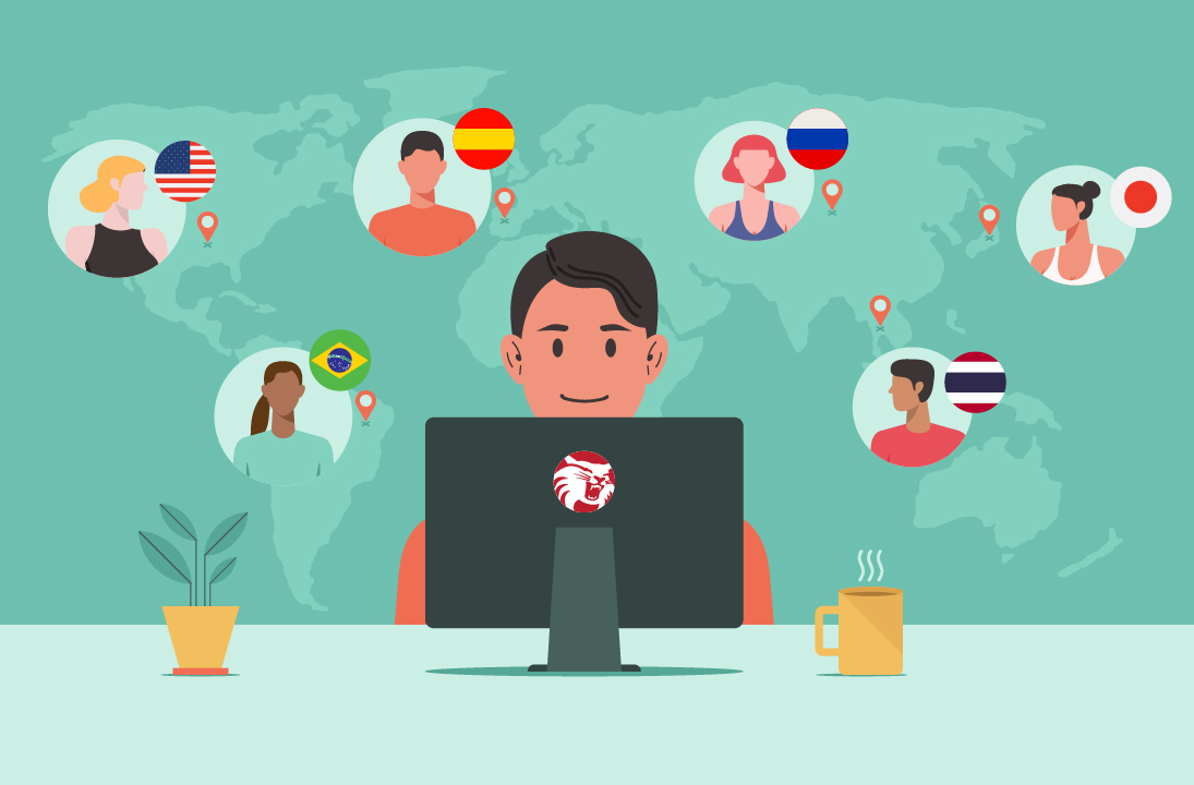 A cartoon of a student at a computer with map of world behind him with other student faces in different countries.