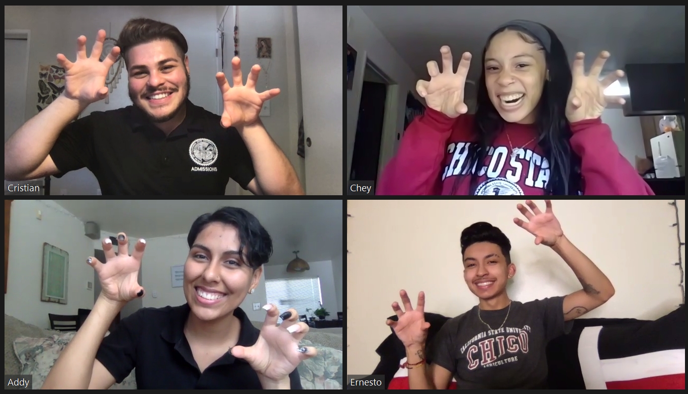 A four-panel grouping of Zoom videos shows students holding up their hands like they are fierce Wildcats. 