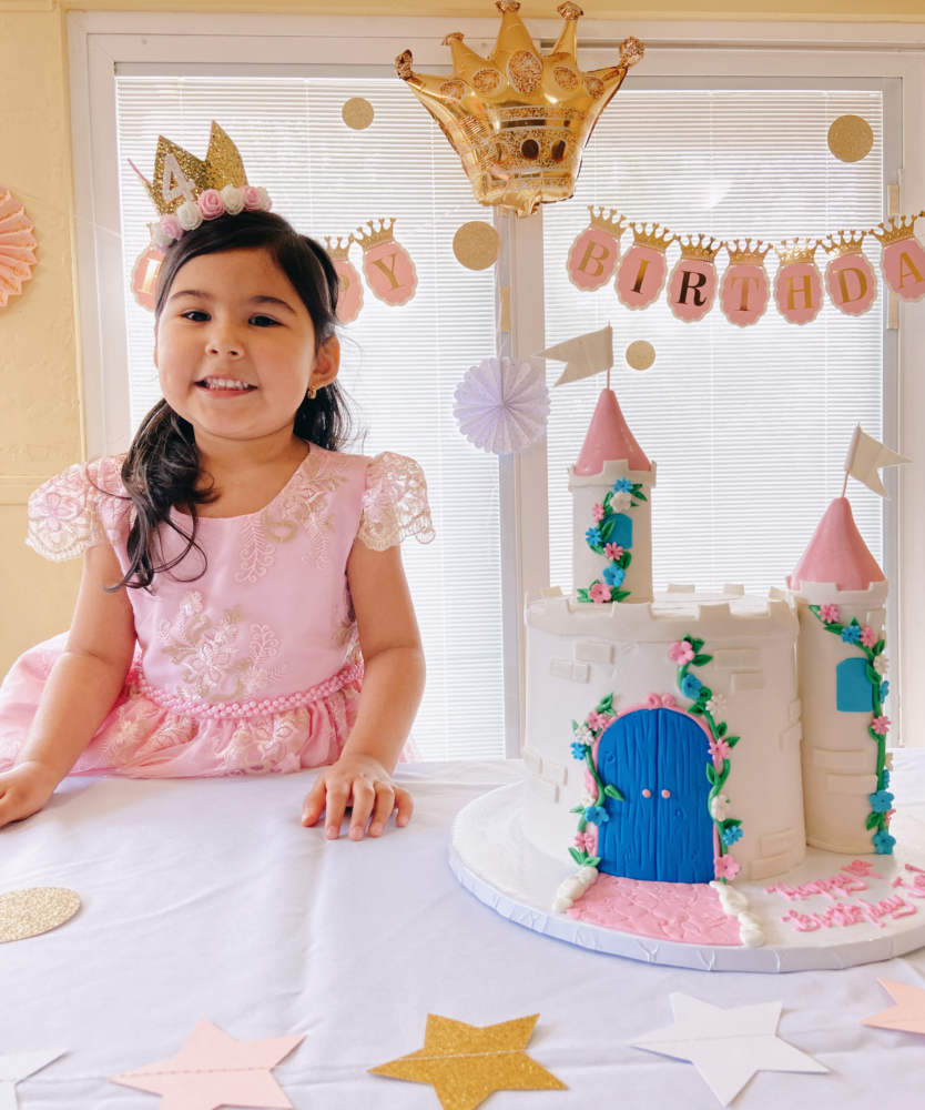Adriana De Casas made a castle cake for a princess-themed birthday party. 