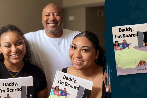 Narcippa Teague poses with his daughters Lisa and Lizette, who are each holding a copy of the book Teague wrote about their experiences together. The full front cover of the book is shown at right.
